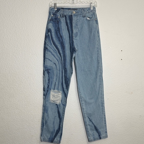 Maniere De Voir Marble Print Mom Jeans Size 8 High Waisted Distressed Denim Jean - Picture 2 of 14